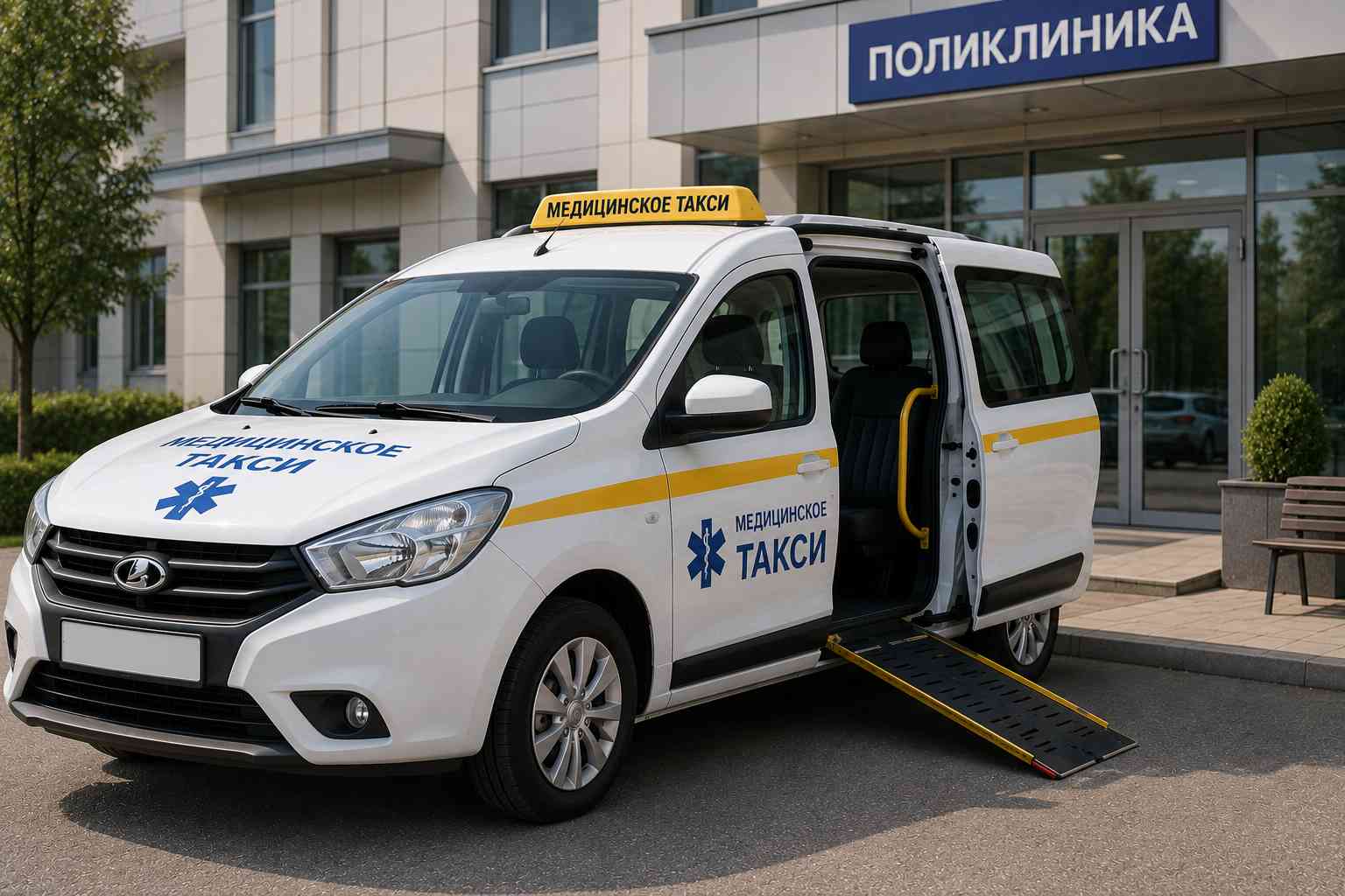 Медицинское такси с открытым пандусом стоит у поликлиники — перевозка лежачих больных.